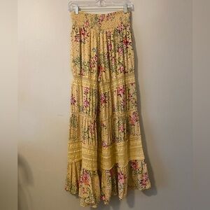 Angie Boho Floral Tiered Wide Leg Pants Crochet Lace Inset Smocked Waist Yellow